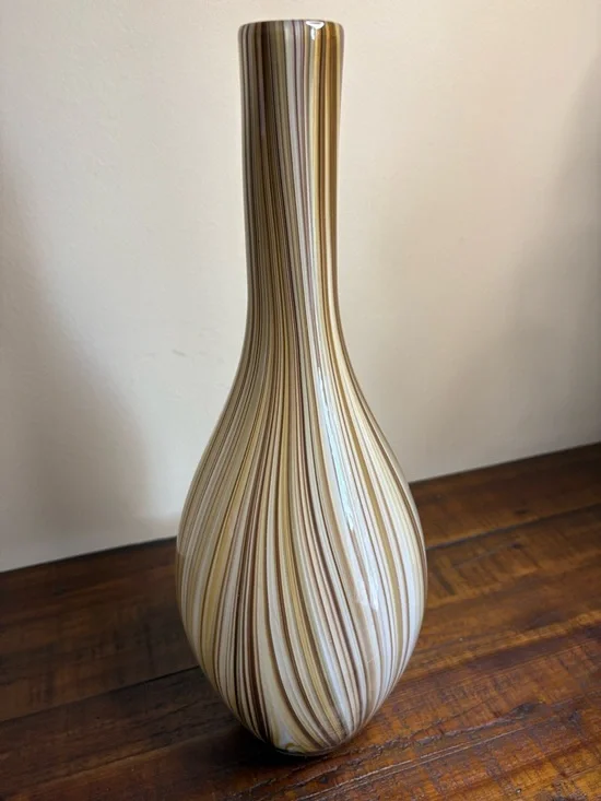 Murano-Style Art Glass Vase Brown And Beige Stripe - Picture 4 of 7